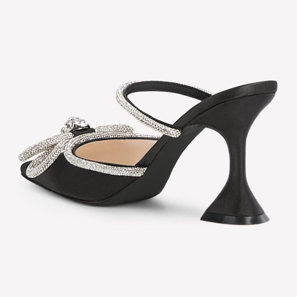NWT Black Satin Rhinestone Bow Mule Heels - Picture 3 of 7